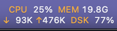 ResourcesBar showing live CPU, memory, network, and disk metrics in the macOS menu bar